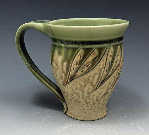 Light Green and Tan Carved Mug with Leaves