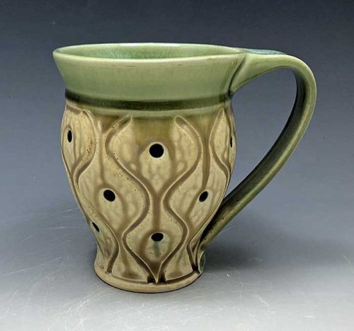Light Green and Tan Carved Mug with Dots