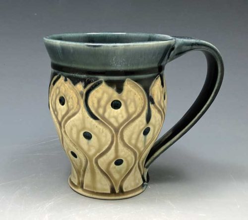 Teal and Tan Carved Mug with Dots
