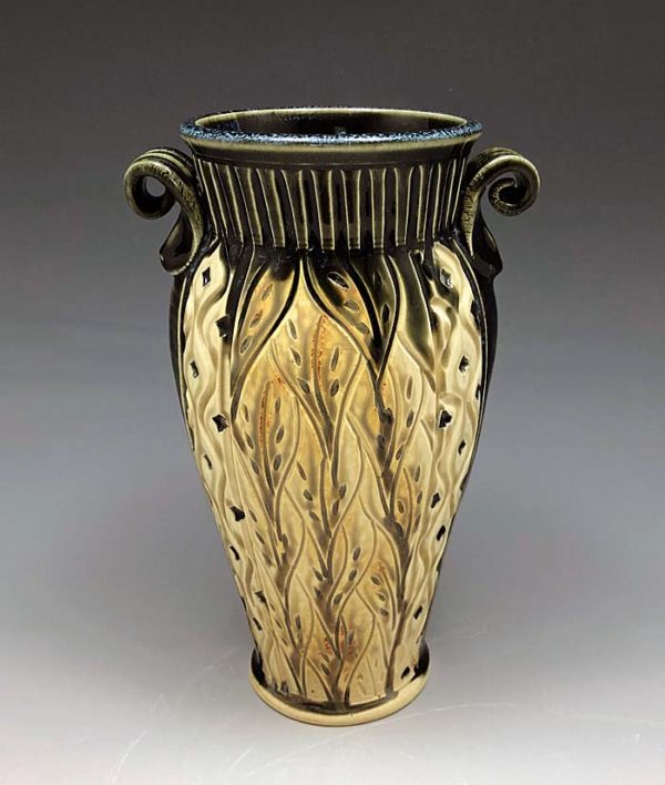 Black and Tan Small Vase with Leaf Diamond pattern
