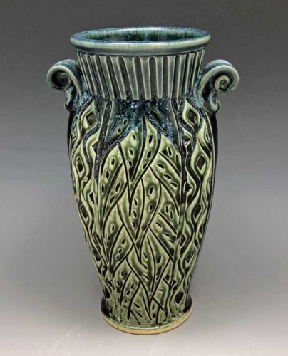 Teal vase hand carved leaf/diamond pattern