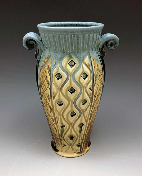 Teal and Tan Small Vase, Diamond/Leaf pattern