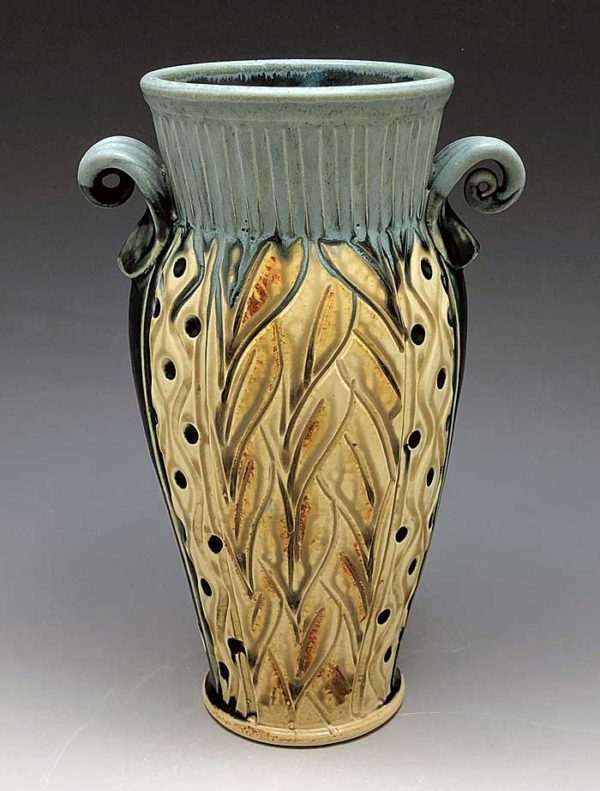 Stoneware hand carved flower vase by Ira Burhans