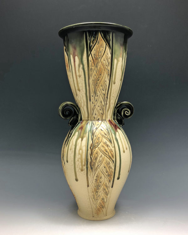 Black and Tan hand carved stoneware vase by Ira Burhans