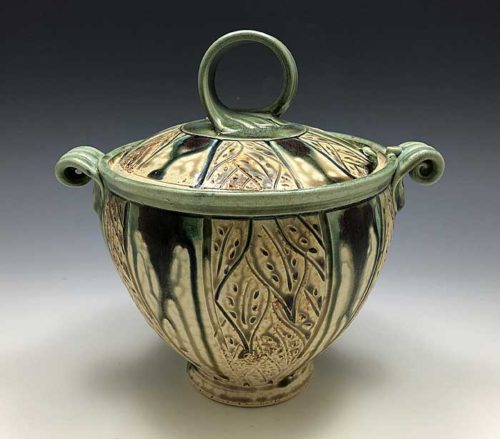 Altered Light Green and Tan Carved Casserole with Leaf Pattern