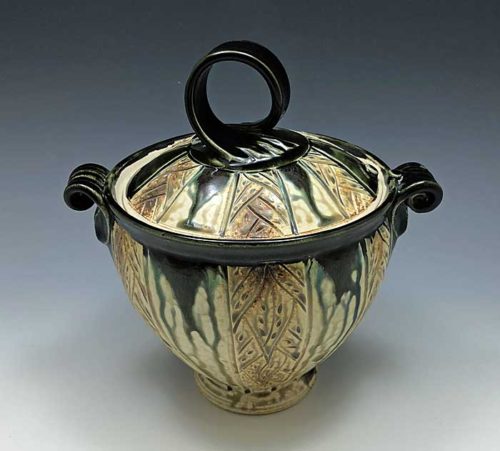 Altered Carved Black and Tan Casserole with Leaf Pattern