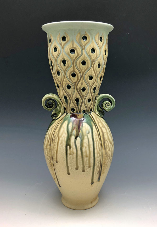 Light green and tan vase hand carved dot pattern by Ira Burhans