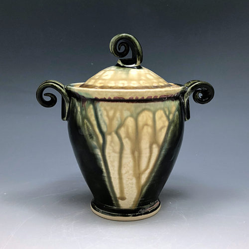 black and tan small stoneware covered jar by Ira Burhans