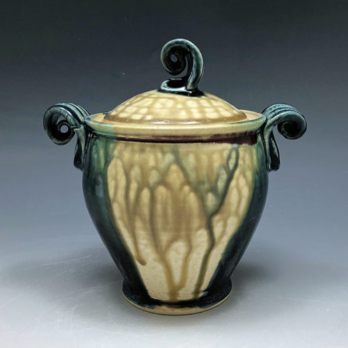 Teal and Tan Stoneware small covered jar by Ira Burhans