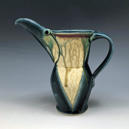Stoneware Bird Pitcher by Ira Burhans in Teal and Tan
