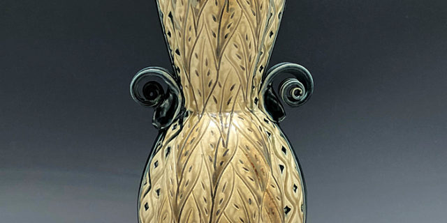 Teal and Tan Medium Carved Vase