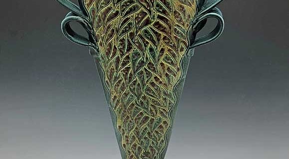 Large Carved Flared Vase in Teal
