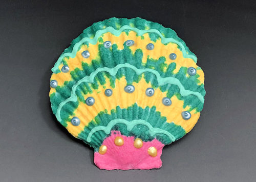 handmade paper scallop by Barbara Melby-Burhans in seaside colors