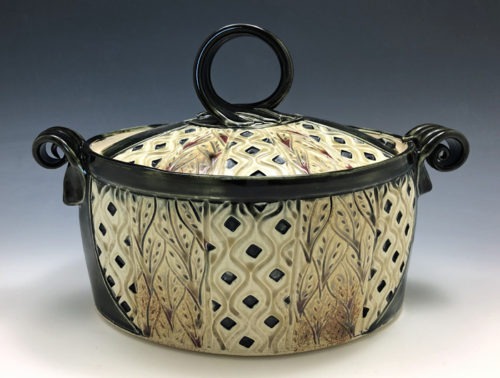 Large Oval Stoneware Black and Tan Casserole by Ira Burhans