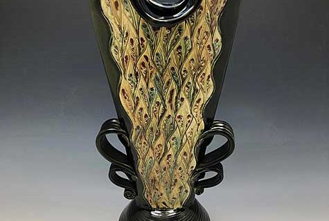 Large Carved Flared Vase, Black and Tan