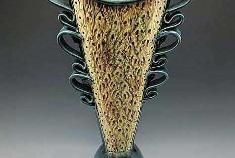 Large Carved Flared Vase, Teal and Tan